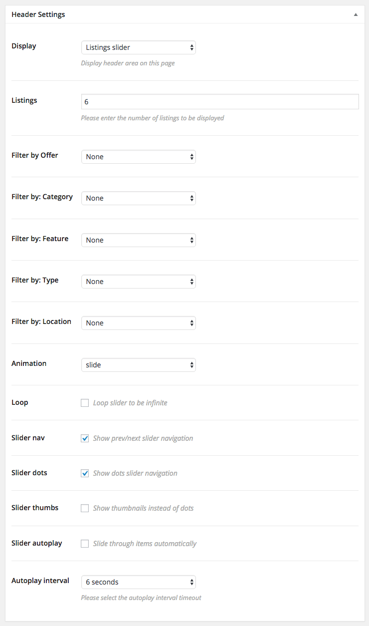 Header setting: Listings slider